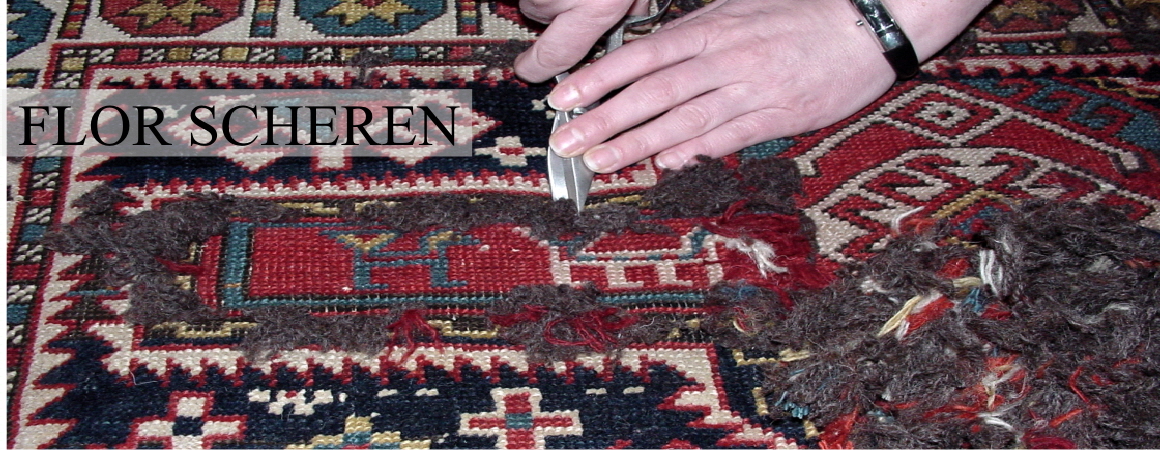 abgelaufene-teppich-scheren: Die überstehende Wolle wird per Hand auf die Flor Höhe des Teppichs zurückgeschnitten.